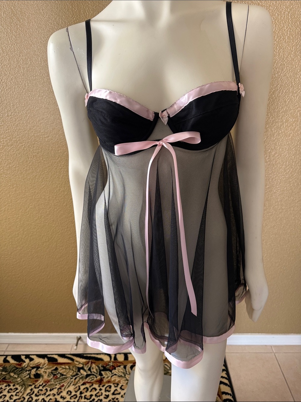 Victoria's Secret Black and Pink Sheer Babydoll Chemise